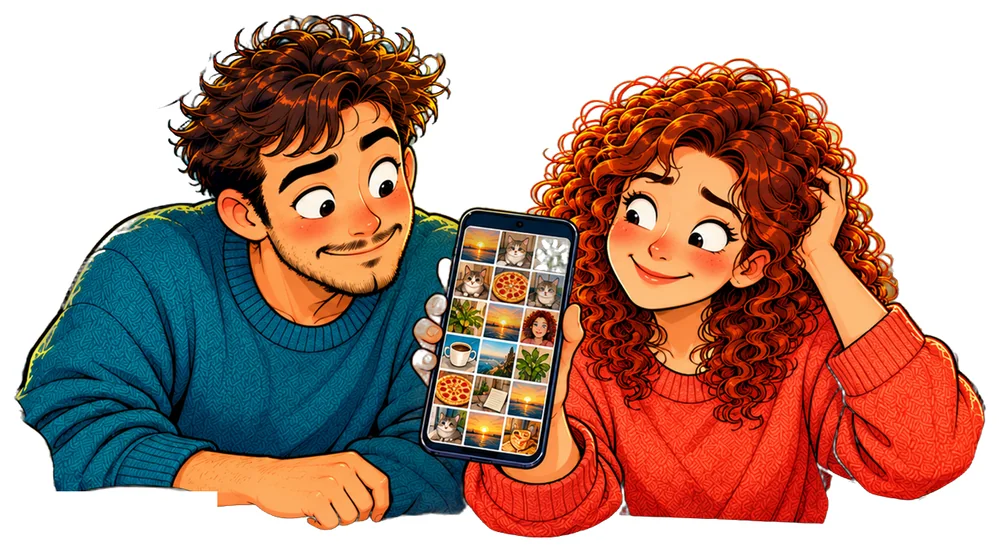 Ben und Mia schauen auf Mias Handy, auf dem Display sieht man ein Durcheinander aus Fotos