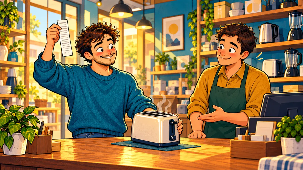 Ben hält einen Kassenbon hoch und stellt einen qualmenden Toaster auf die Ladentheke, ein Verkäufer nickt